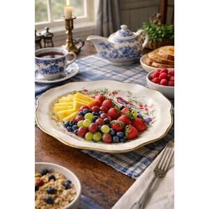 Avon Enoch Wedgwood England 1976 Fruit Motif Gold Trim Ceramic Platter, 8.5x7”